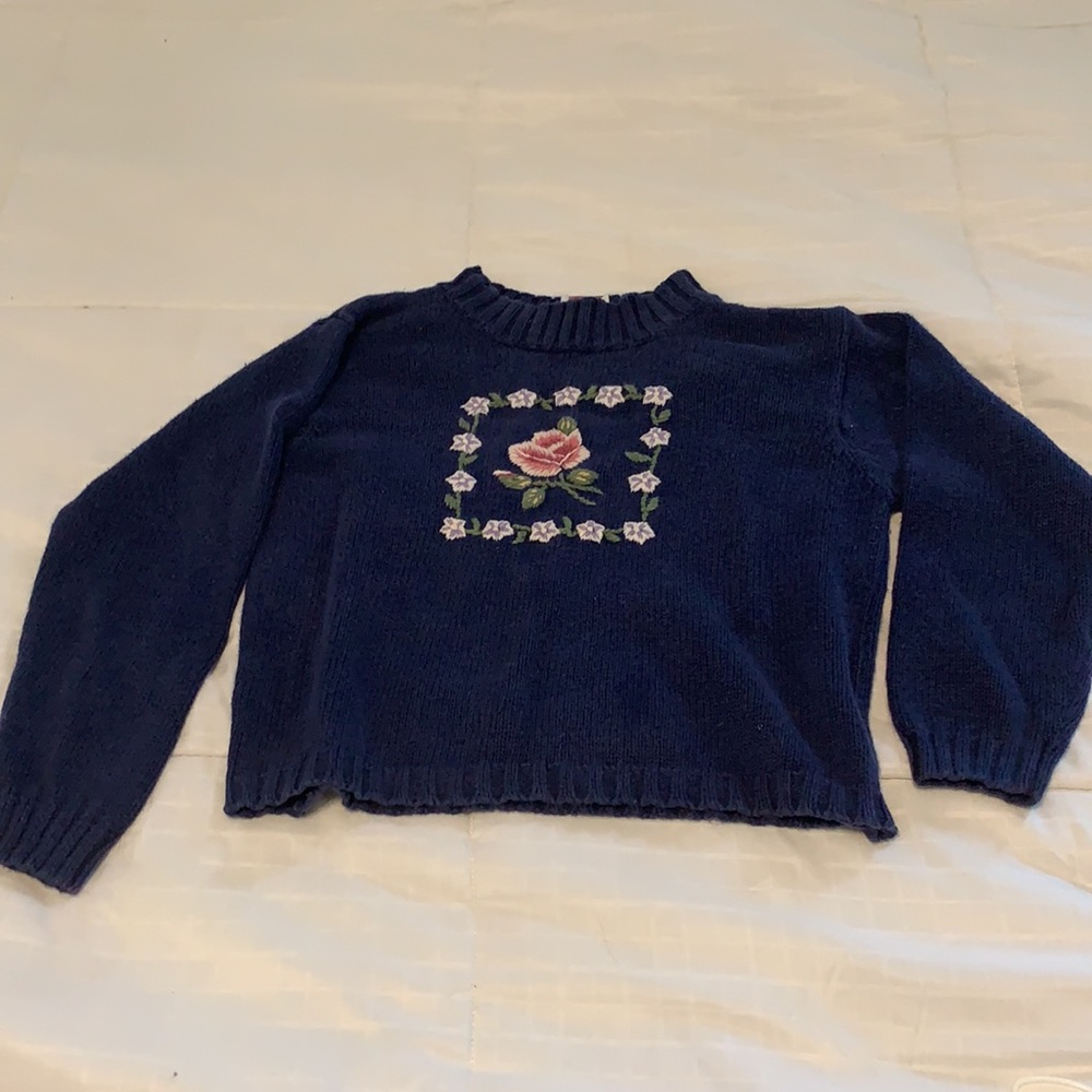Vintage Talbots Kids sweater pullover navy cotton flowers girls M 8